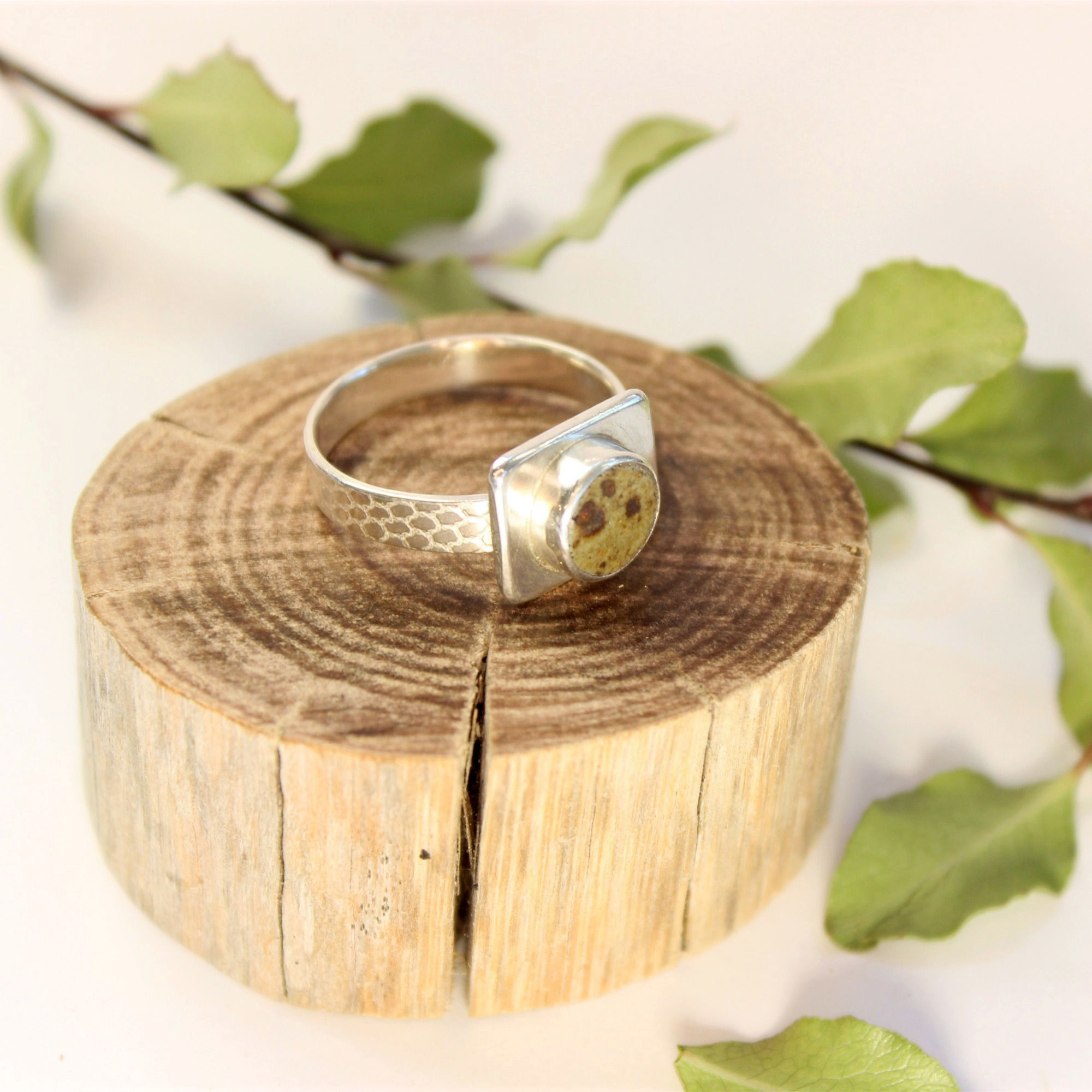 Pottery with lace print - sterling silver ring