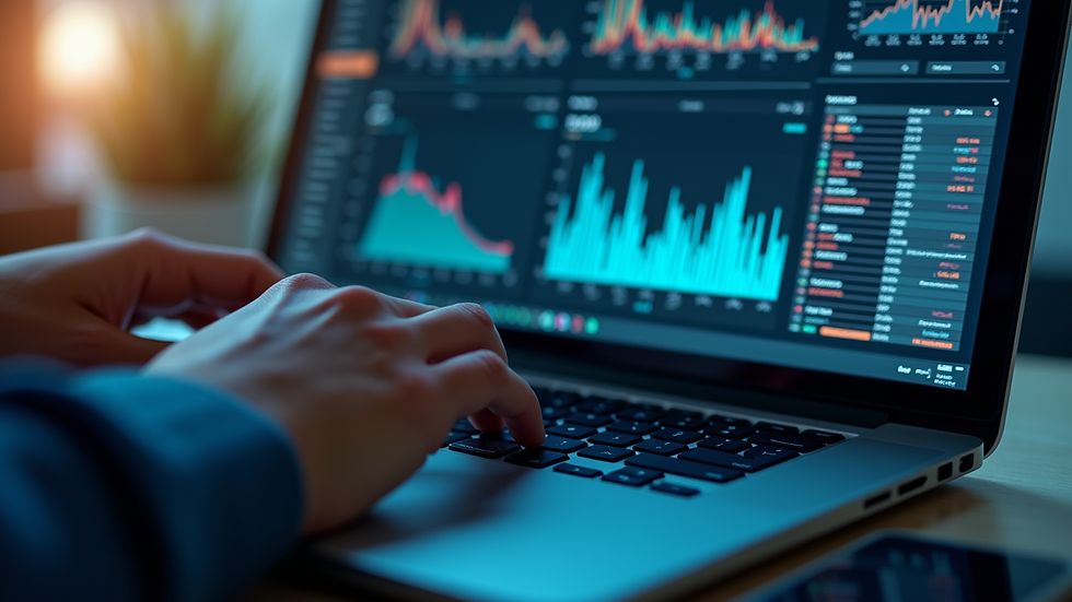 Eye-level view of a data analyst working on a laptop with data visualizations on the screen