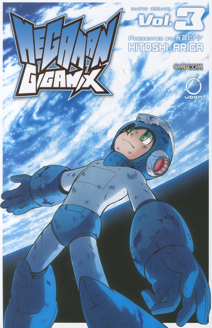 Cover of "Mega Man Gigamax, Vol. 3," featuring a blue armored character with green eyes and outstretched arms against a swirling blue sky.
