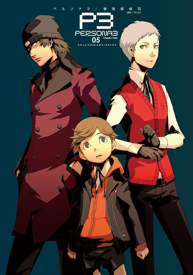 Cover of Persona 3, Volume 5 (English Edition) features  three animated characters from Persona 3 in stylish clothing against a dark blue background.