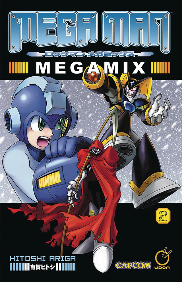 Cover of "Mega Man Megamix Volume 2," featuring Mega Man in blue armor on the left and Proto Man in red and black armor on the right, set against a snowy background.