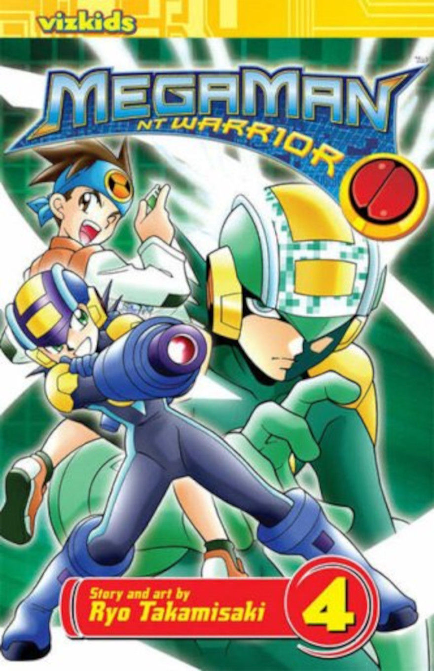 Comic book cover for "MegaMan NT Warrior" Volume 4, featuring two characters in vibrant colors: one wielding a gun and the other cheering, set against a tech-themed green background.