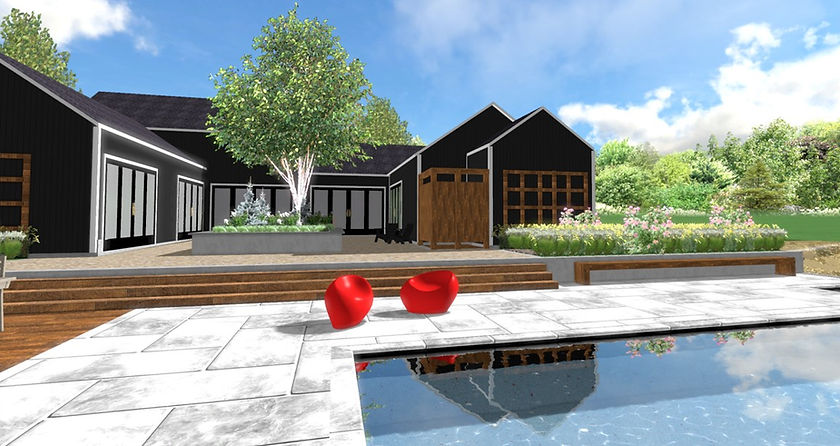 A 3D landscape design rendering by Lake Effect Garden & Design showing a planned garden with detailed plantings, paths, and patio areas.