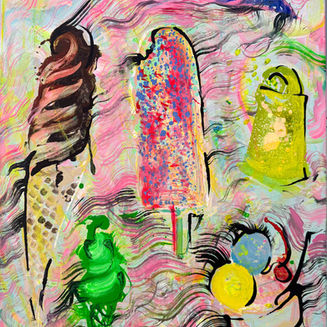 Colorful abstract painting featuring ice-cream cones, popsicles and dessert shapes in bright pink, blue yellow and green tones with expressive texture and layered brushstrokes by Elena Kos