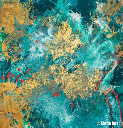 painting by Elena Kos with water like paint that forms marble like effect in deep blue white and deep emerald green, empowering masculine energy.
