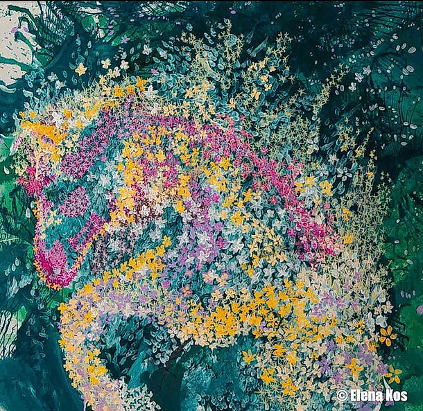 Abstract floral painting with dense clusters of yellow, pink, purple and white blossoms swirling over a deep green and blue background, evoking movement, nature, and horse-like flow.Abstract botanical silhouette of a horse and rider fused into one form, composed of layered floral and leaf motifs, previously exhibited and sold at Carpo in London.