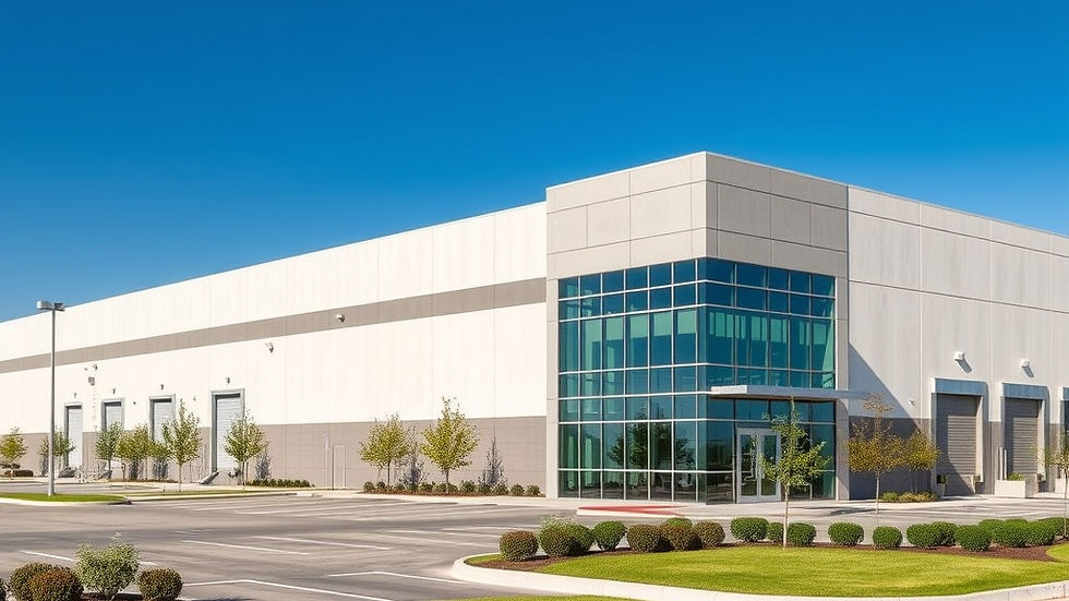 Modern white warehouse with glass entrance, empty parking lot, and manicured shrubs under a clear blue sky.