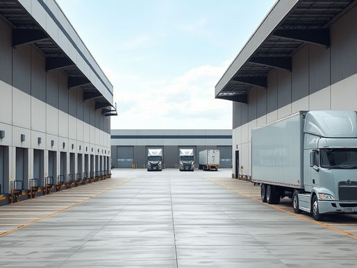 Gray semi-trucks line a warehouse loading dock between tall industrial buildings under a pale sky.