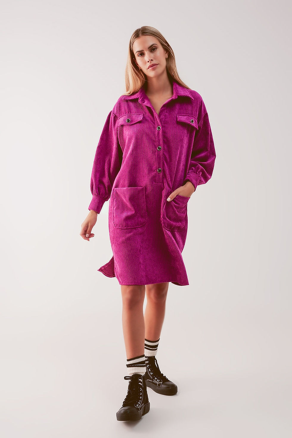 Vintage Cord Mini Shirt Dress in Fuchsia