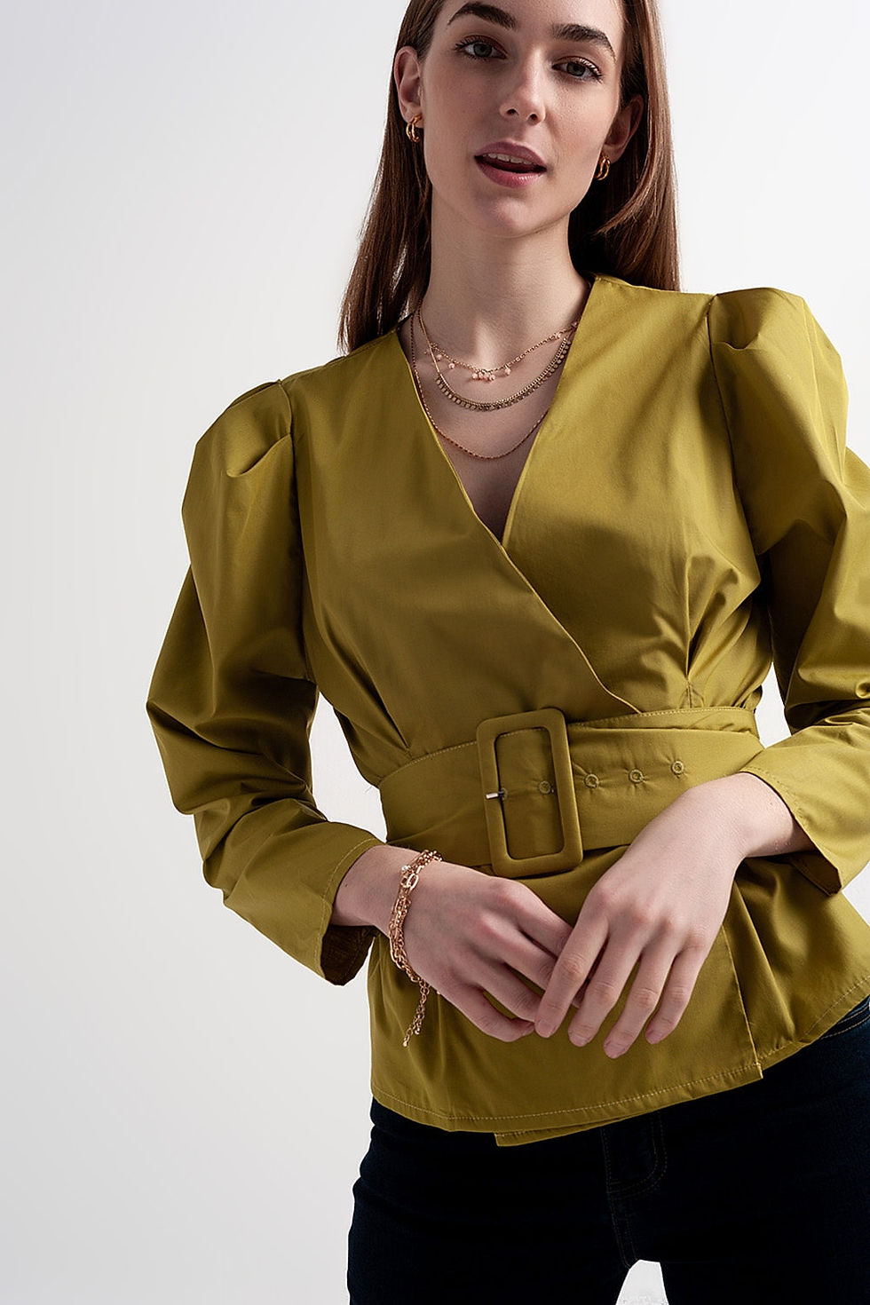 Puff Sleeve Wrap Front Top With Belt Detail in Green, πράσινο χιαστί τοπ με λεπτομέρεια ζώνη και φουσκωτά μανίκια, μπλούζες