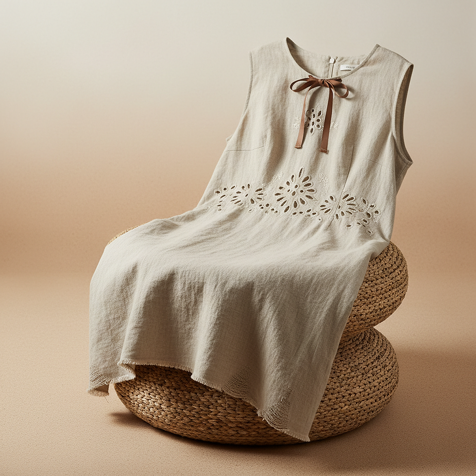 Sleeveless beige dress with eyelet details and bow.