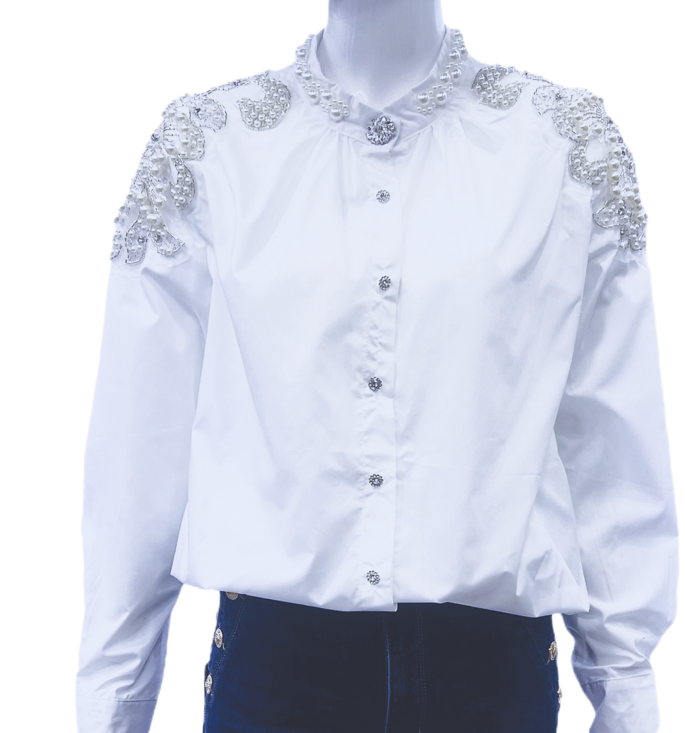 cool woman’s shirt rocks a Mao collar with cute pearls and shiny rhinestones