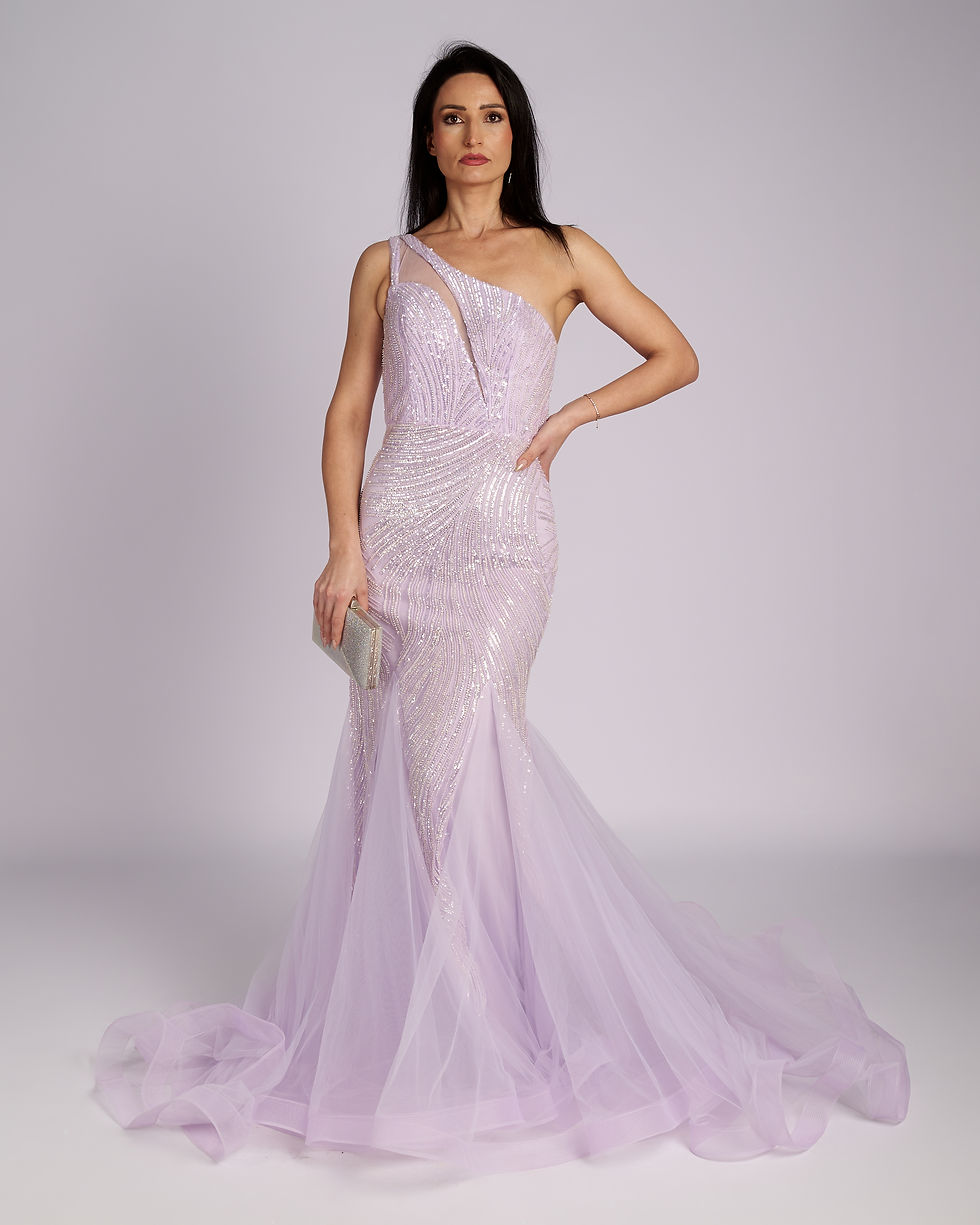 Lilac Mermaid Festive Maxi Dress with beads and tulle, one showlder, Λιλά Βραδινό γοργονέ φόρεμα με χάντρες, τούλι, ένα ώμο