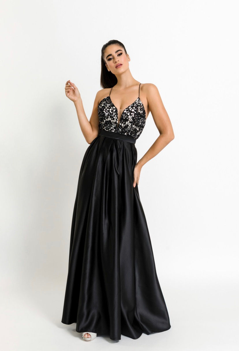 縮圖：Long Satin Dress with lace and hems on the corset with open back 