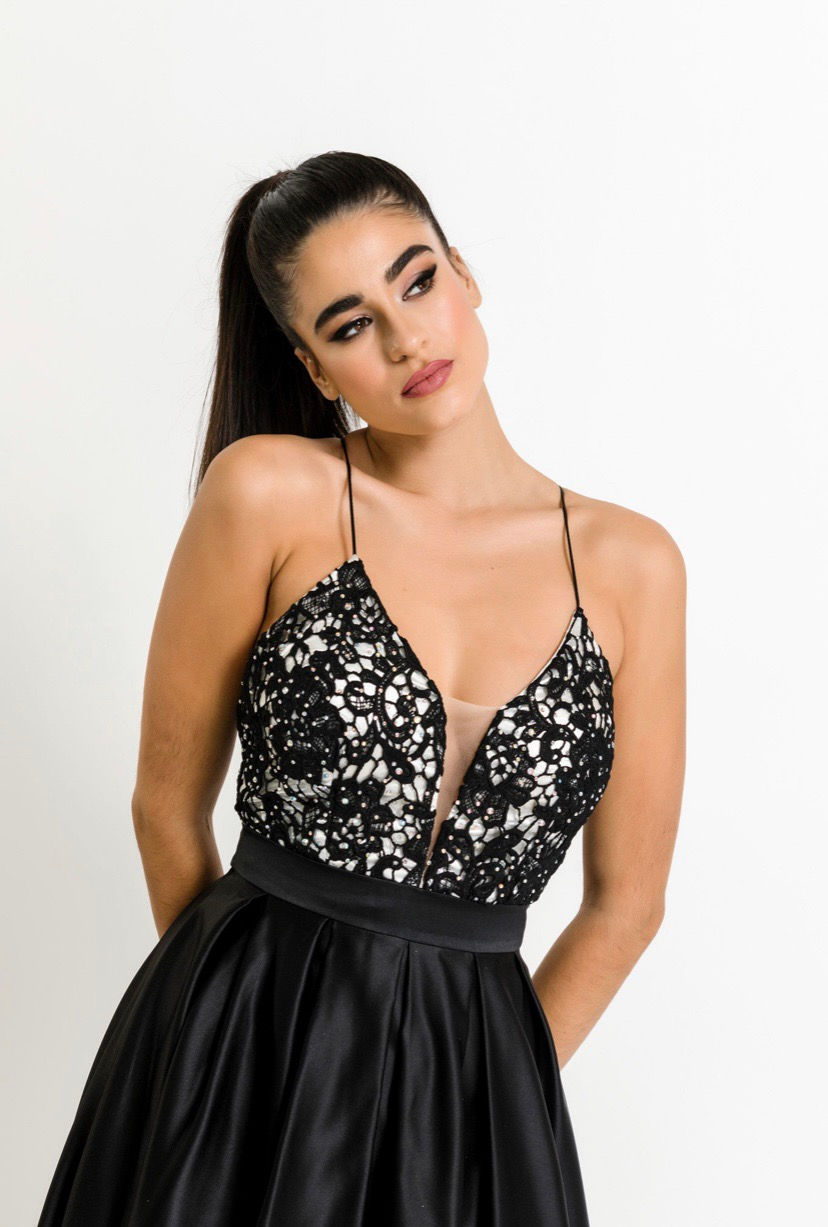 Long Satin Dress with lace and hems on the corset with open back