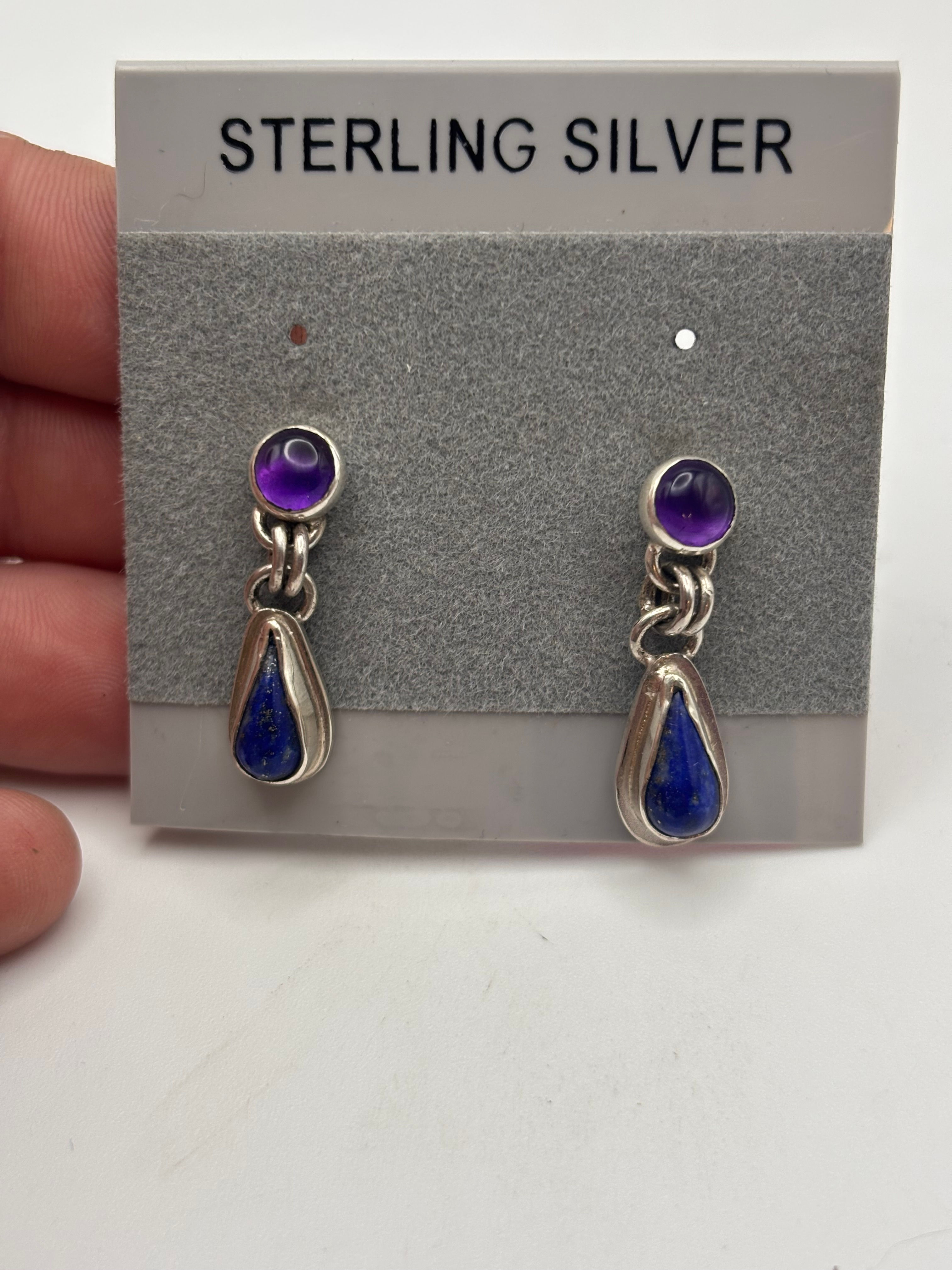 Sterling Silver AAA Grade Amethyst and Lapis Lazuli Stud Dangle Earrings