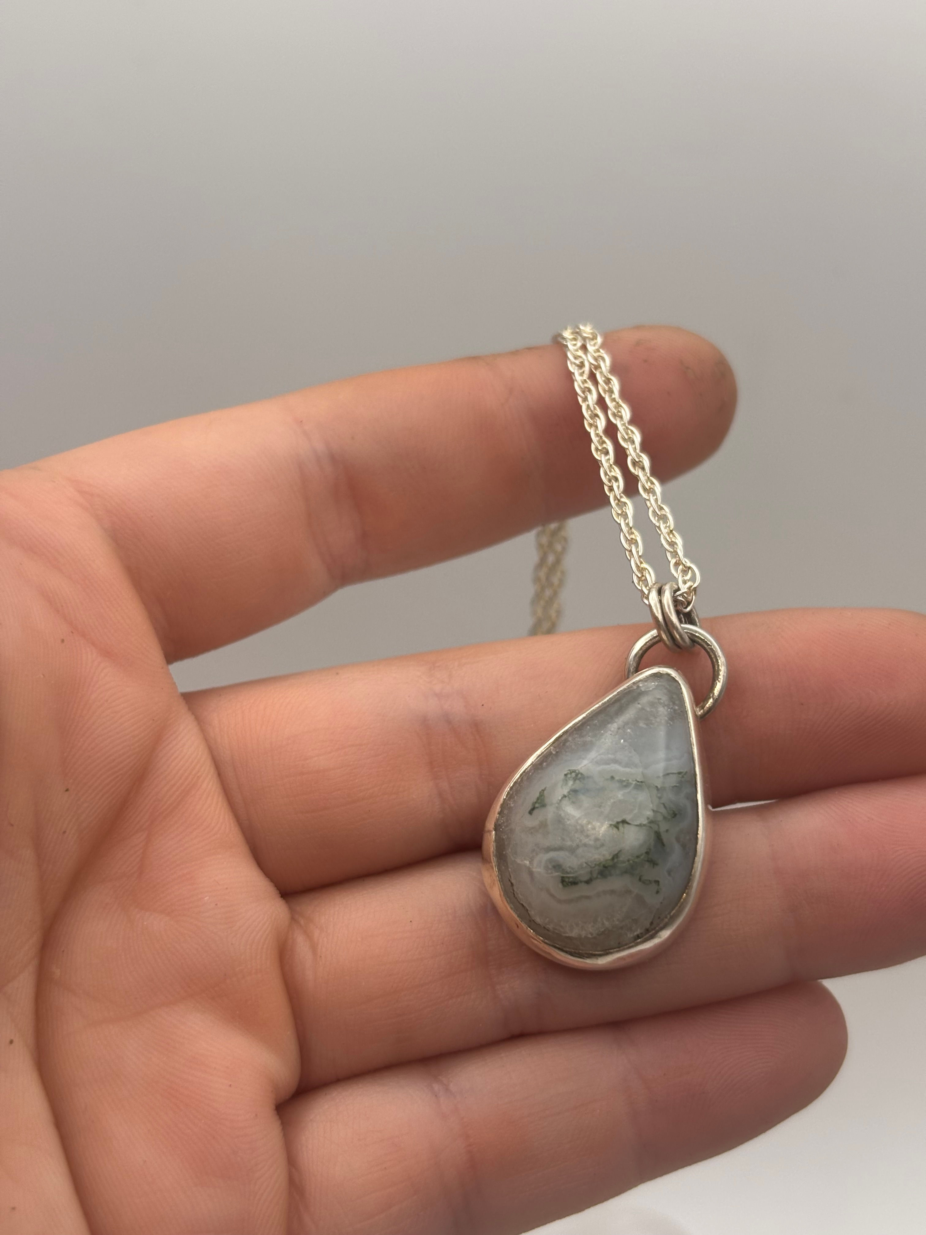 Sterling Silver Moss Agate Teardrop Pendant Necklace