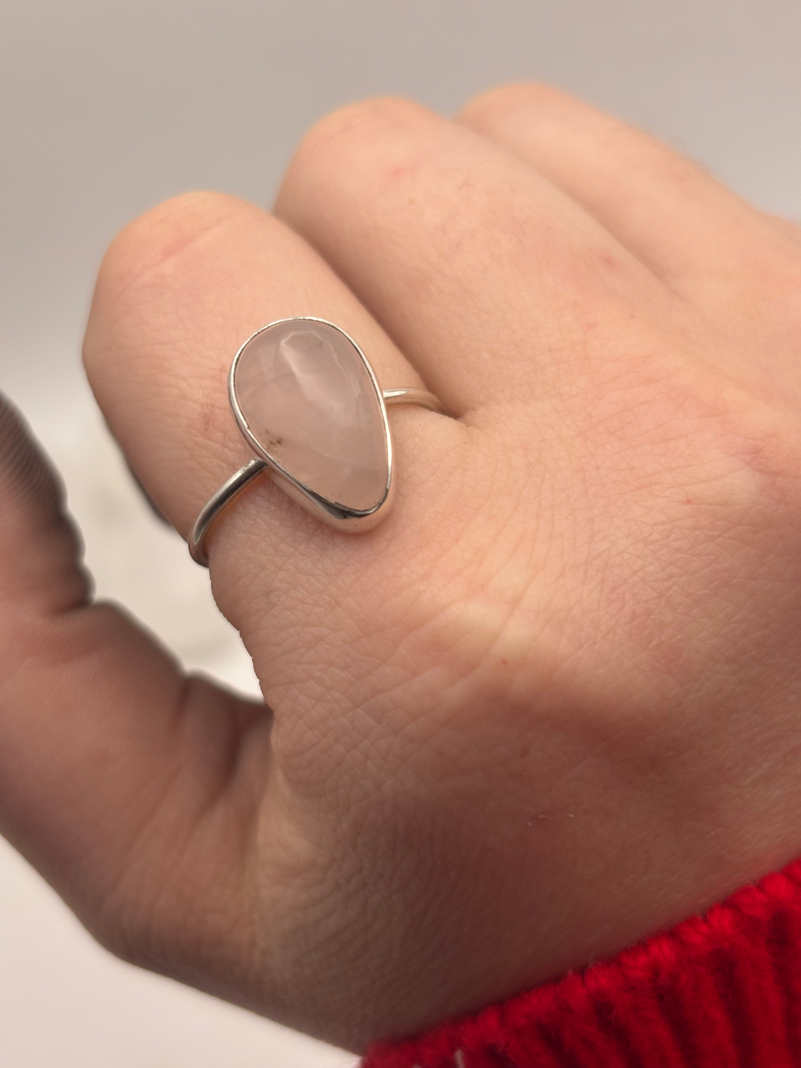 Sterling Silver Stackable Rose Quartz Teardrop Ring - Size 10
