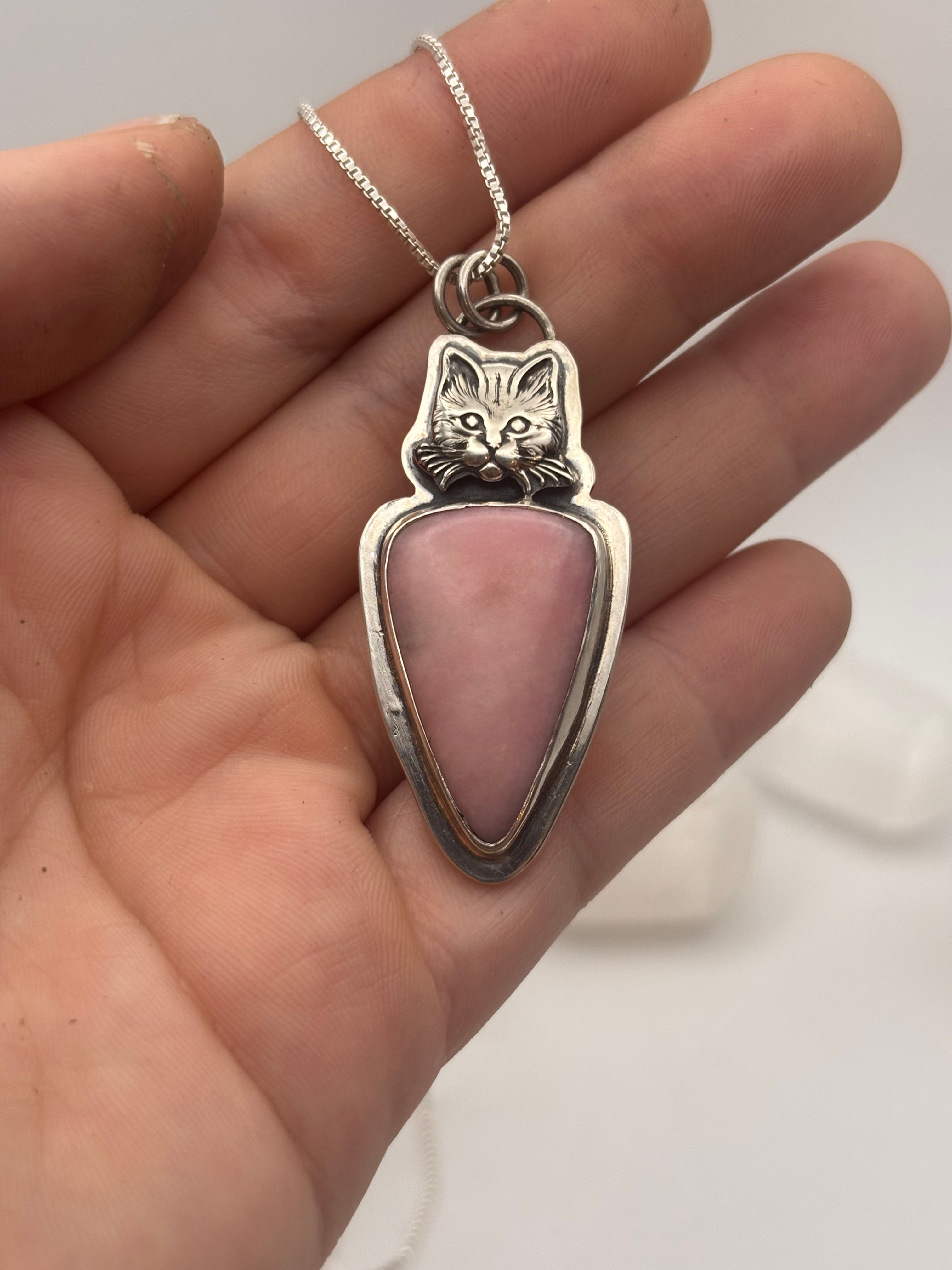 Sterling Silver Rhodochrosite Cat Pendant Necklace