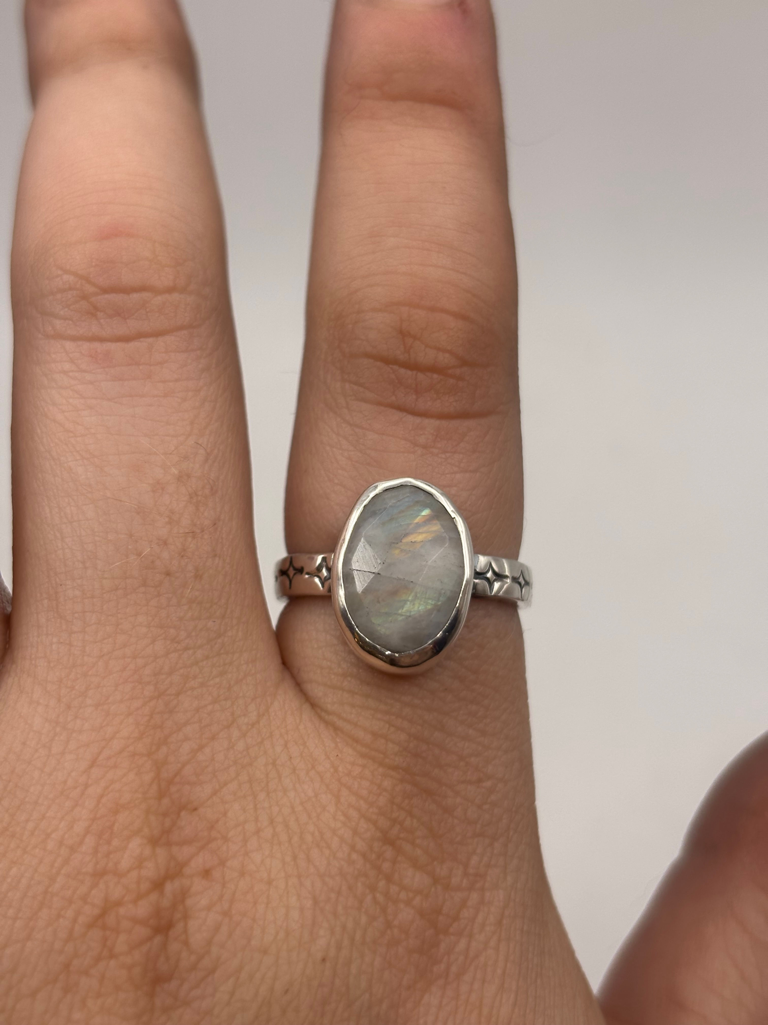 Sterling Silver Stamped Rainbow Moonstone Ring