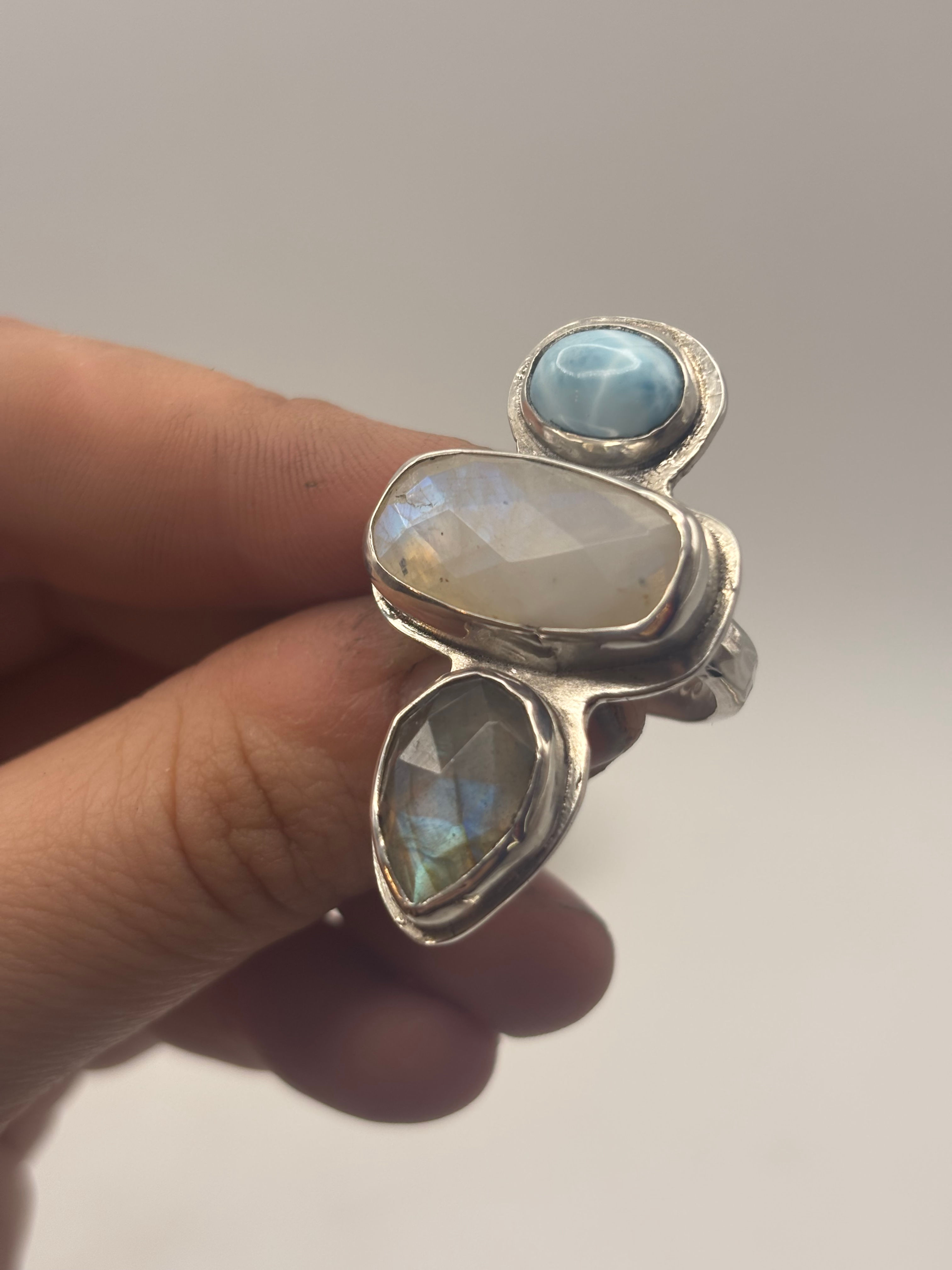 Sterling Silver Ring with Larimar, Rainbow Moonstone, and Labradorite