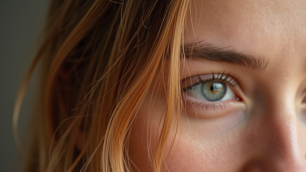 Eye-level view of hair with warm caramel highlights