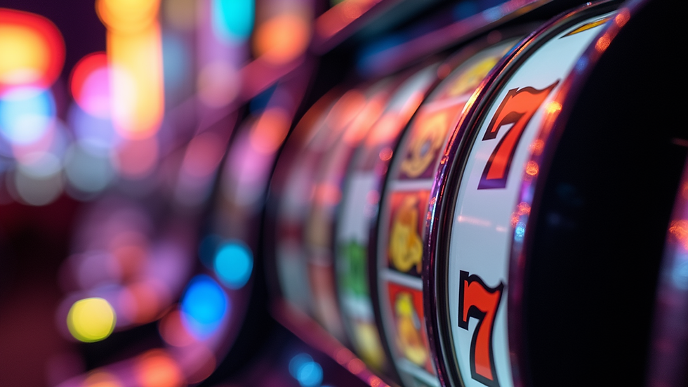 Close-up view of colorful slot machine reels spinning