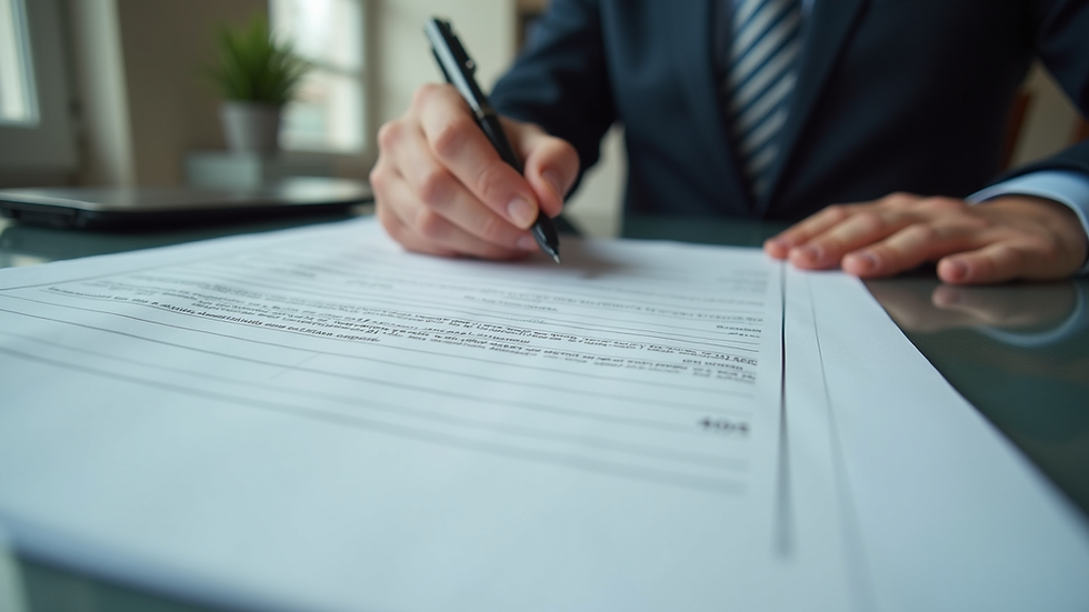 Eye-level view of a person organizing loan documents on a desk