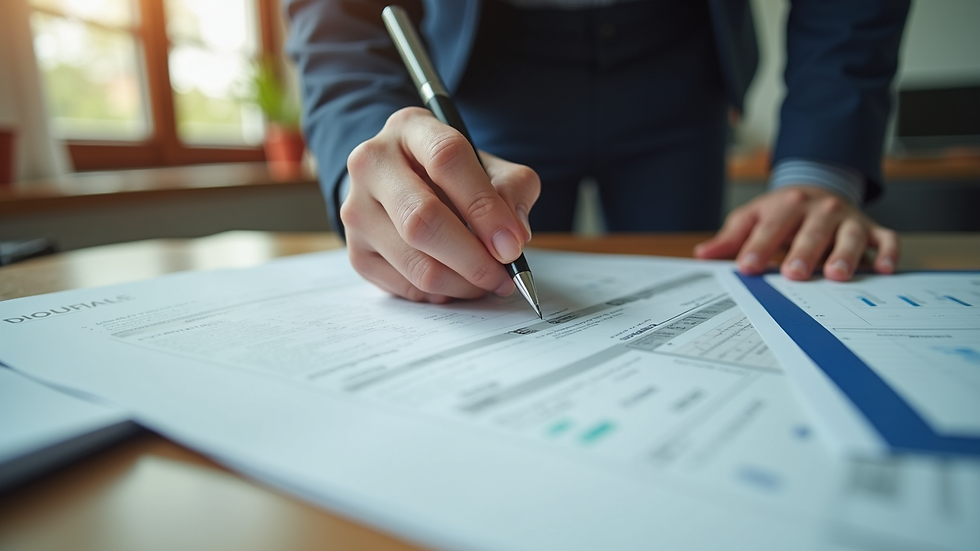 Eye-level view of a person organizing loan documents on a desk