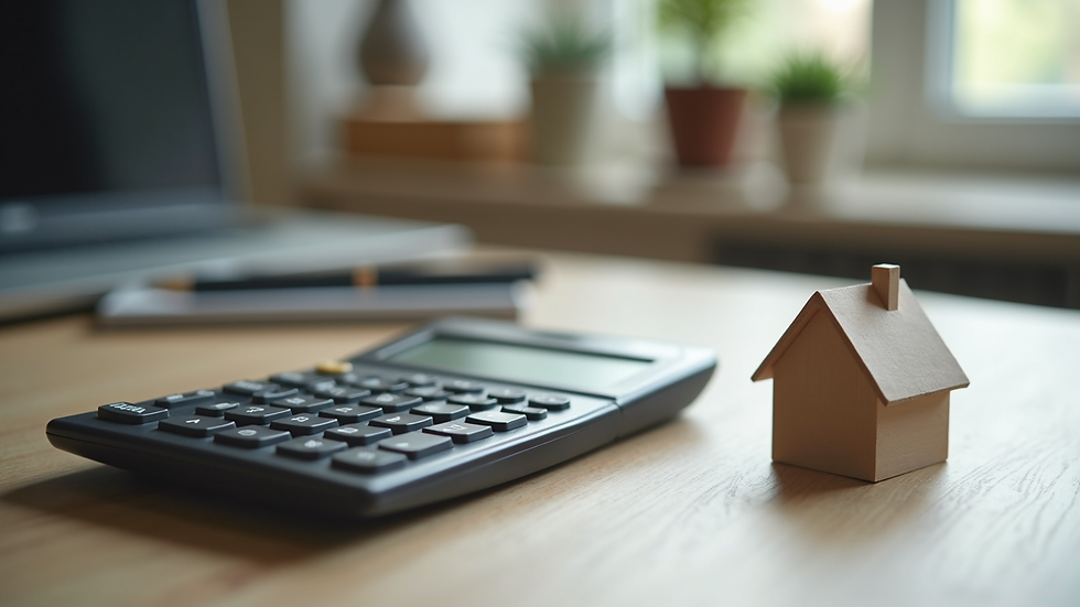 High angle view of a calculator and house model on a table