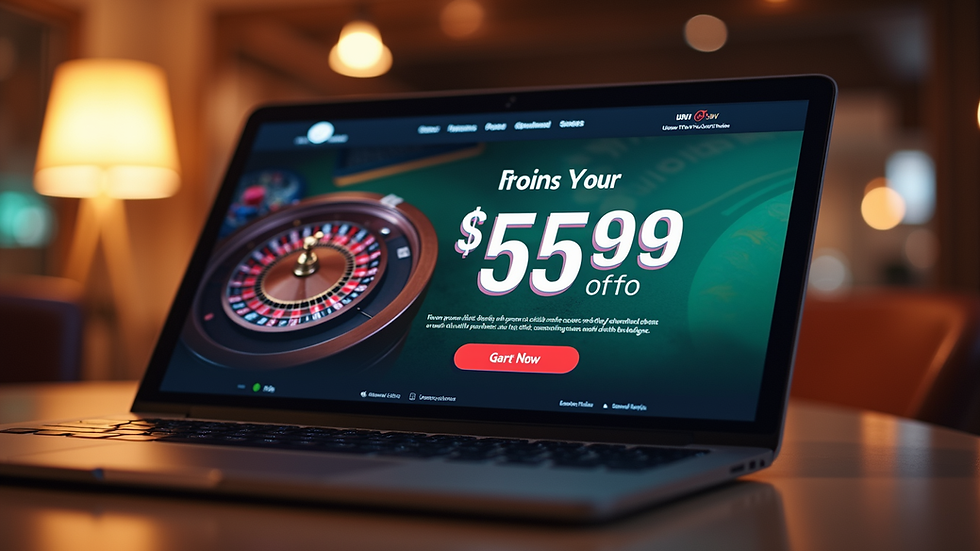 Eye-level view of a laptop screen showing an online casino bonus offer