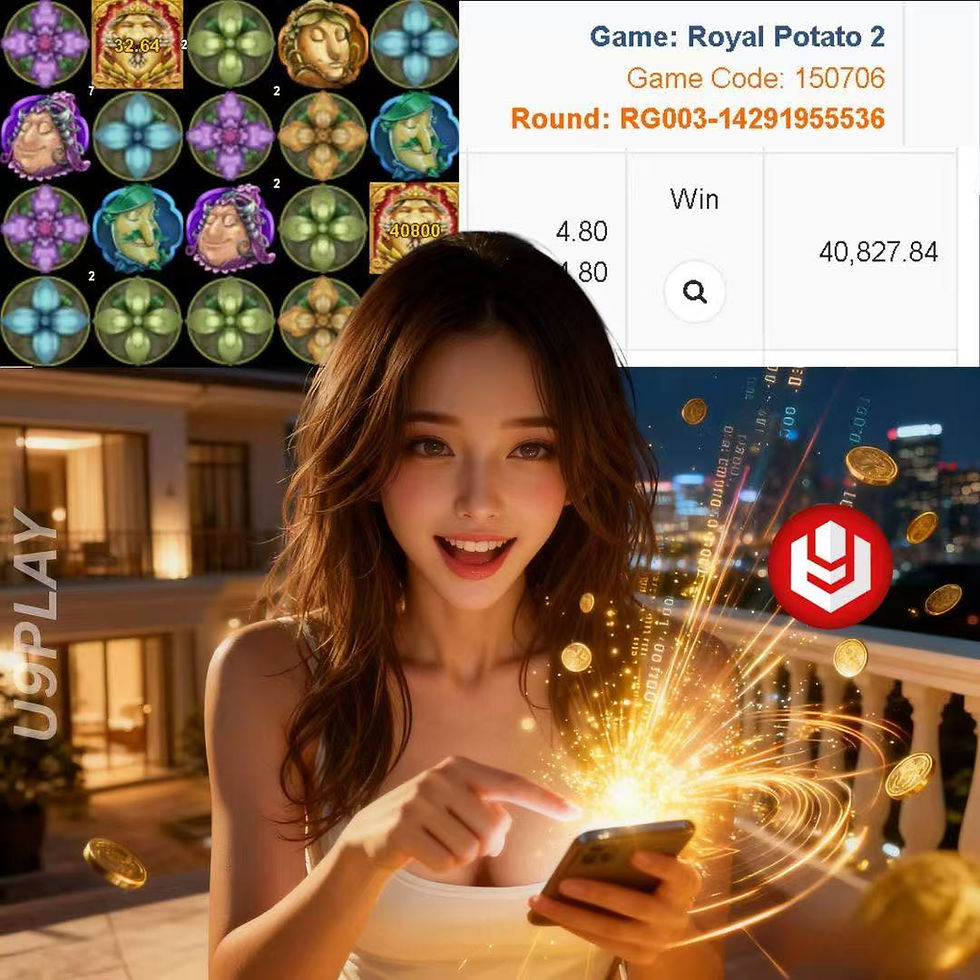 A woman smiles excitedly at a phone showing digital coins and sparks. Background includes a game interface with "Royal Potato 2" text.