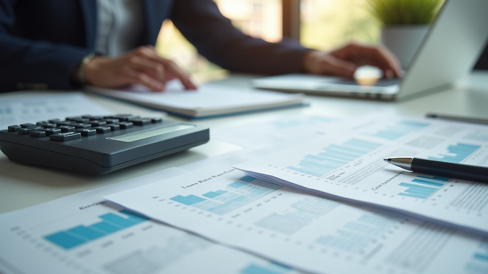 Eye-level view of a desk with organized loan documents and a calculator
