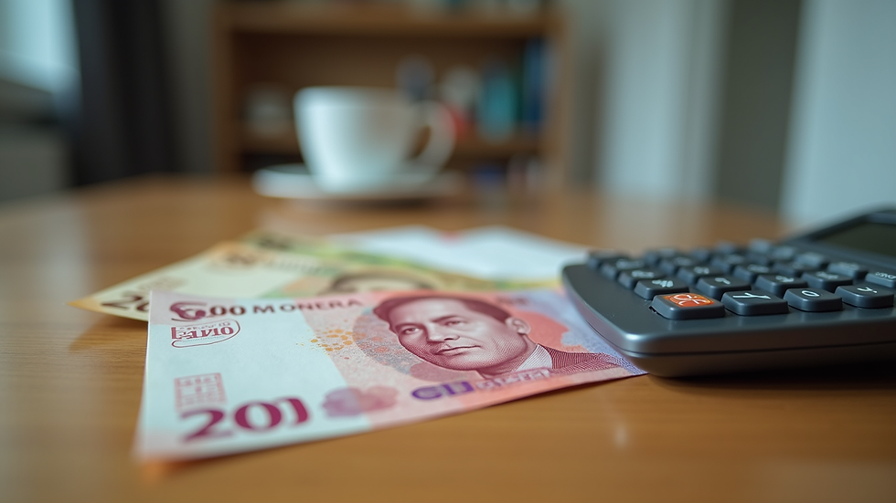 Close-up view of Malaysian ringgit notes and a calculator on a wooden table