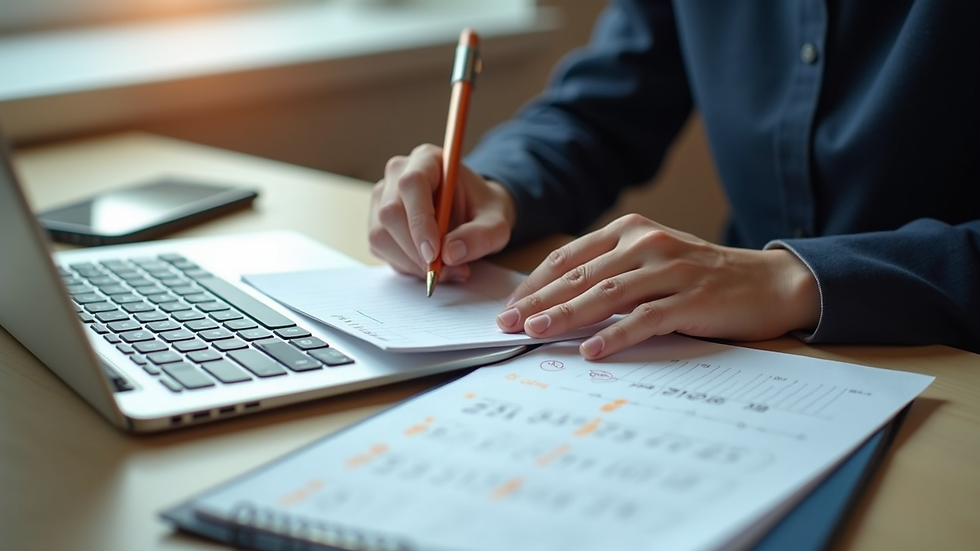 High angle view of a person calculating monthly expenses with a laptop and notes