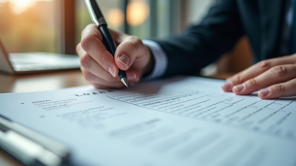 High angle view of a person reviewing loan documents with a pen