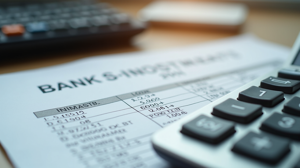 Close-up view of a bank statement and calculator on a table