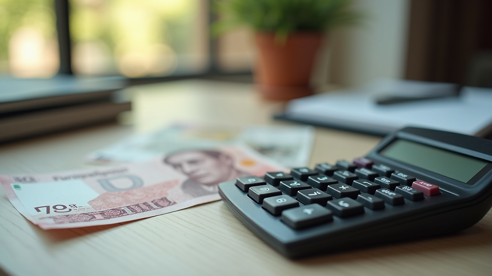 High angle view of a calculator and Malaysian ringgit notes on a table