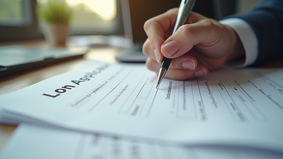Eye-level view of a person filling out a loan application form with documents on the table