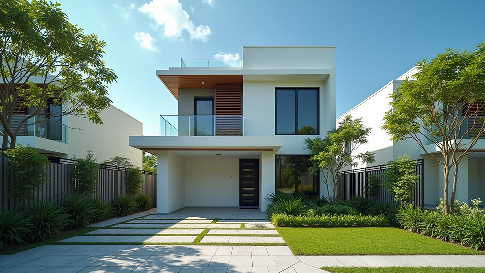 Eye-level view of a modern Malaysian house with a clear blue sky