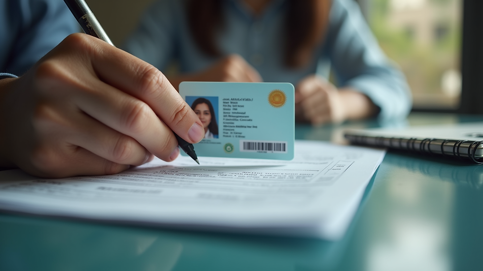 Close-up view of a person holding Malaysian identity card and loan application form