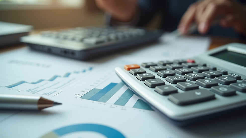 Eye-level view of a calculator and financial documents on a desk