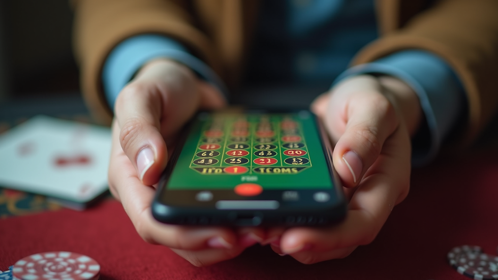 Close-up view of a hand holding a smartphone with a gambling app open
