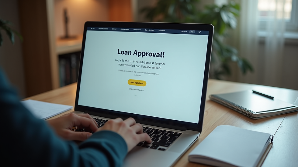 High angle view of a laptop screen showing loan approval notification
