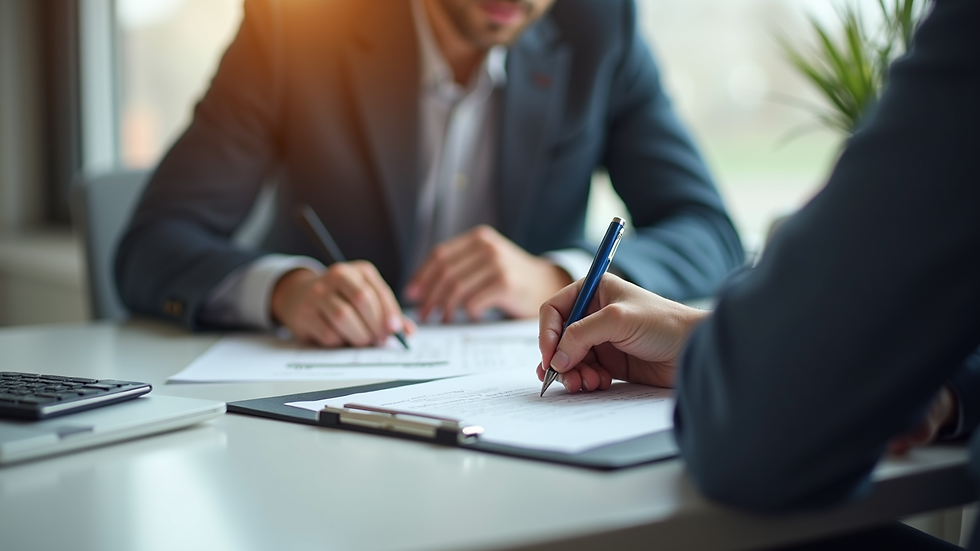 Close-up view of a loan officer reviewing documents with a client