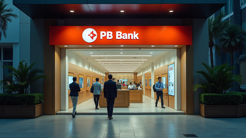 Eye-level view of a Malaysian bank branch entrance with clear signage