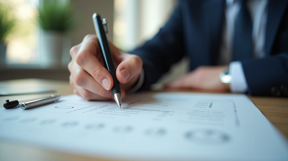 High angle view of a person reviewing loan documents with a pen