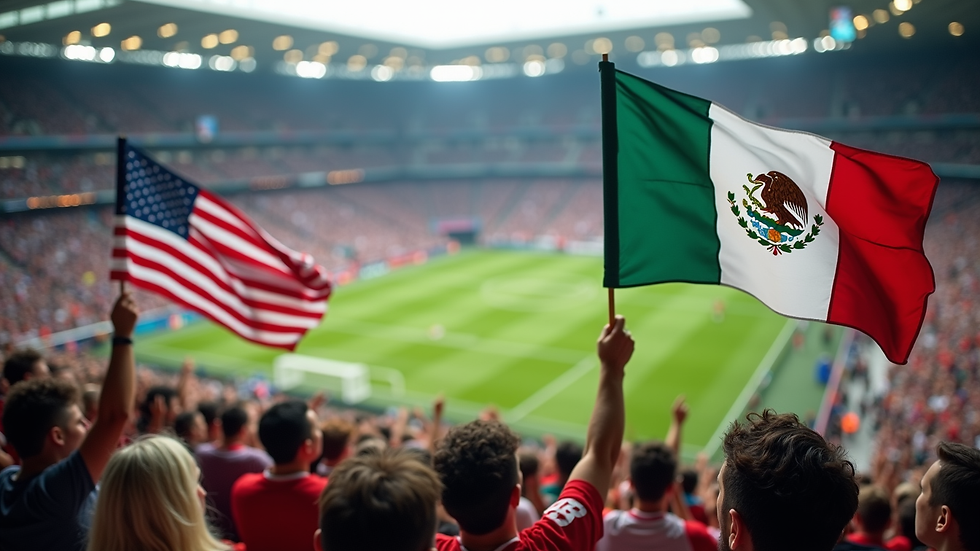 High angle view of a football pitch with fans waving flags of the USA, Canada, and Mexico