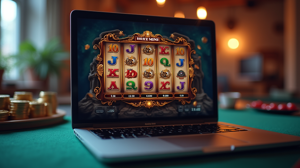 Eye-level view of a laptop screen showing an online slot game interface