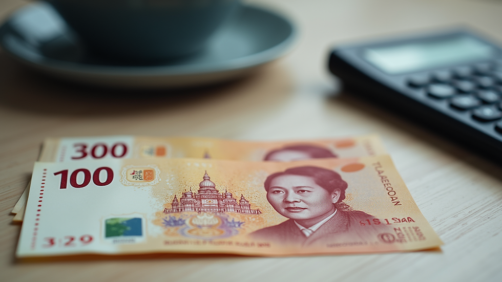Close-up view of Malaysian Ringgit notes and a calculator on a desk